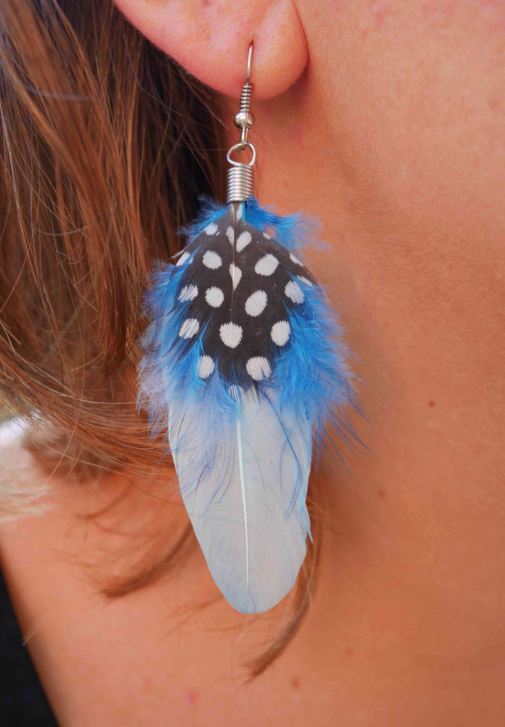 Boucles d'oreilles country en plumes véritables bleu turquoise