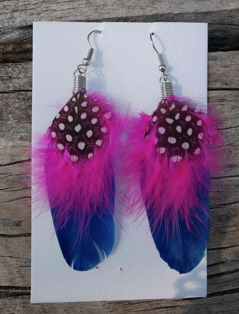 Boucles d'oreilles country en plumes bleues et violettes