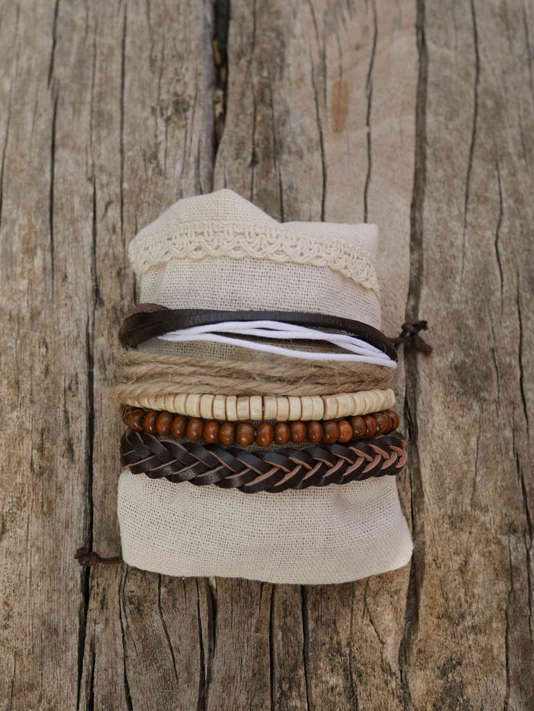 Ensemble de 5 bracelets tendance pour homme en bois, cuir et corde