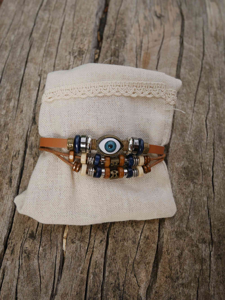 Bracelet porte-bonheur en cuir pour homme. Protection contre le mauvais oeil.