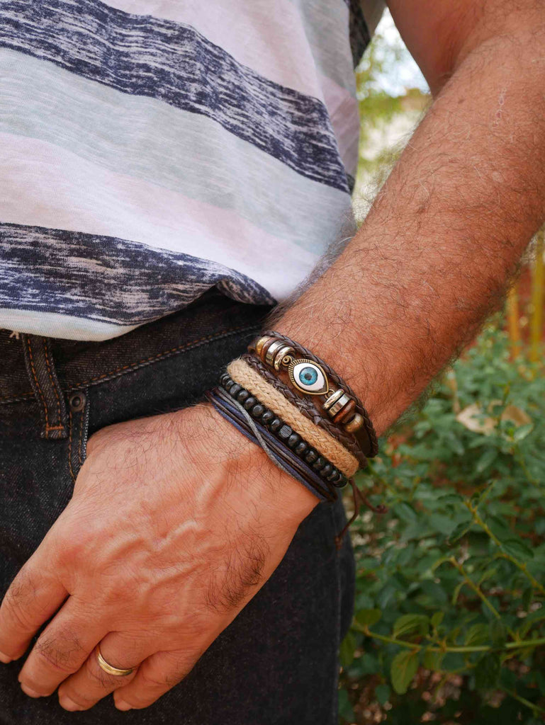 Ensemble de 4 bracelets " Mauvais oeil" "Evil Eye" pour homme en cuir véritable, bois et chanvre