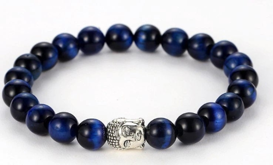 Bracelet Mala Tibétain de Protection en Oeil du Faucon (ou Oeil de Tigre bleu) + perle Bouddha