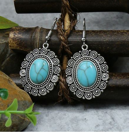 Boucles d'oreilles "Bo Kîmatî Pat'thara" en argent Tibétain et Howlite Turquoise