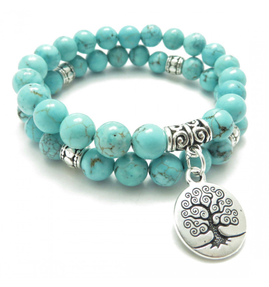 Lot de 2 Bracelets en Howlite bleue + breloque "arbre de vie"