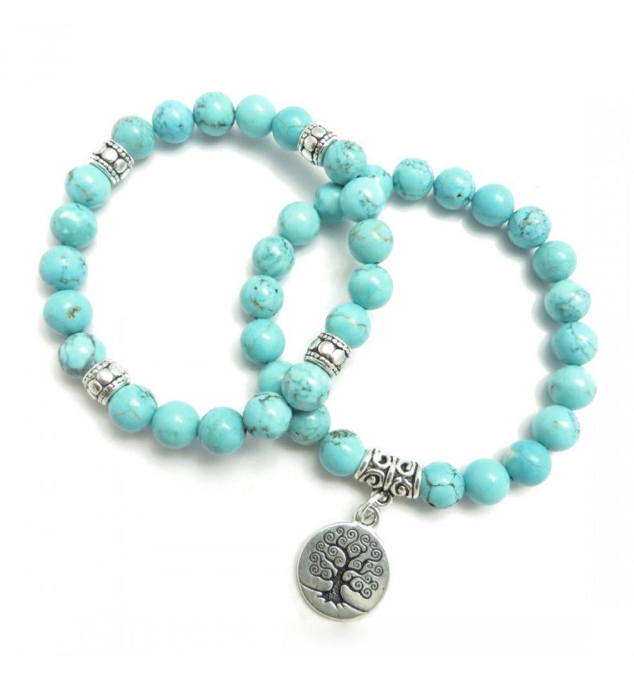 Lot de 2 Bracelets en Howlite bleue + breloque "arbre de vie"