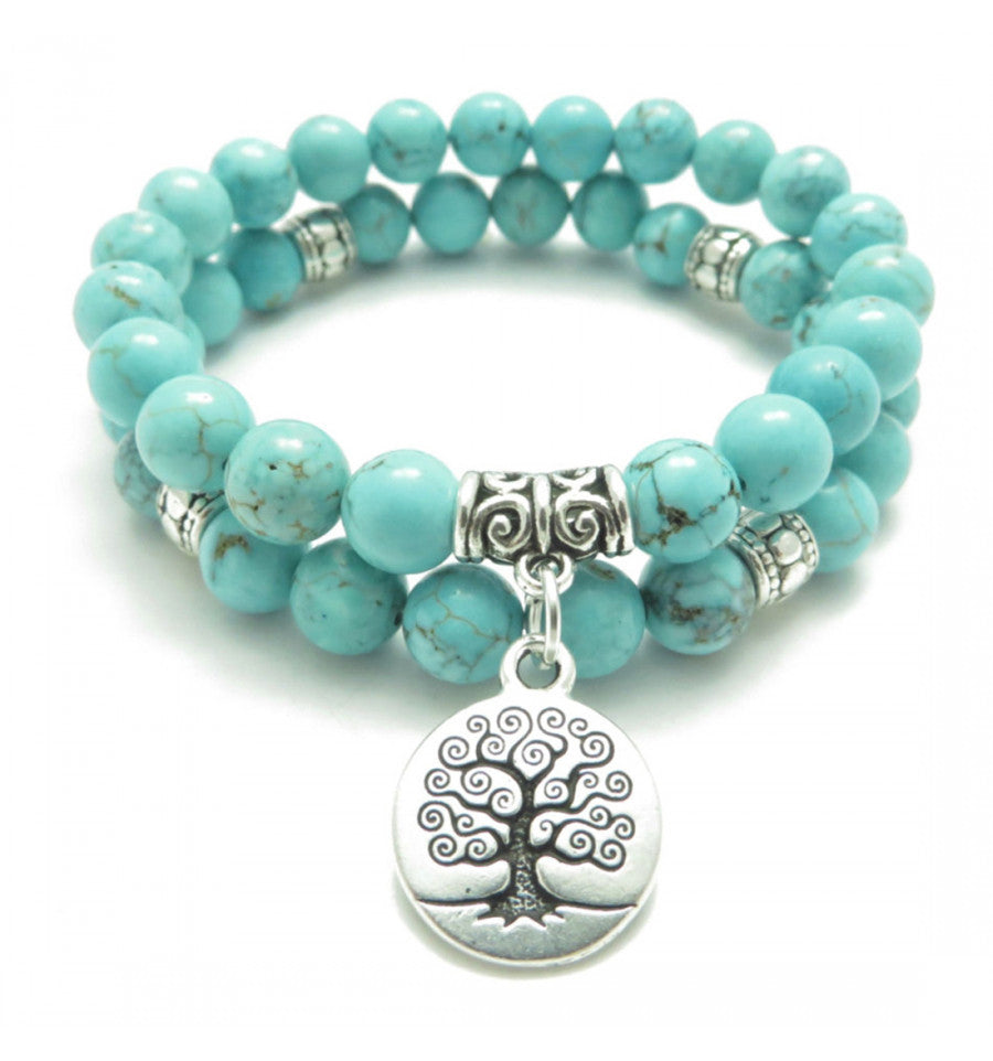 Lot de 2 Bracelets en Howlite bleue + breloque "arbre de vie"