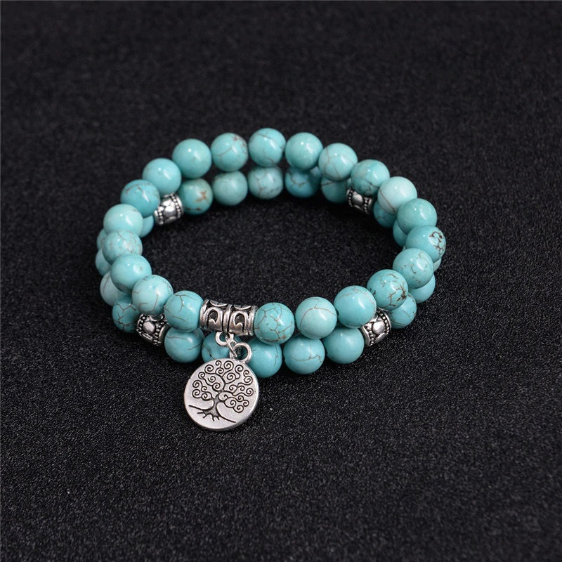 Lot de 2 Bracelets en Howlite bleue + breloque "arbre de vie"