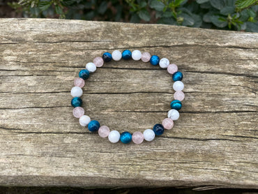 Bracelet élastique de Lithothérapie "Triple Protection" Oeil de tigre turquoise, Quartz Rose et Howlite Blanche