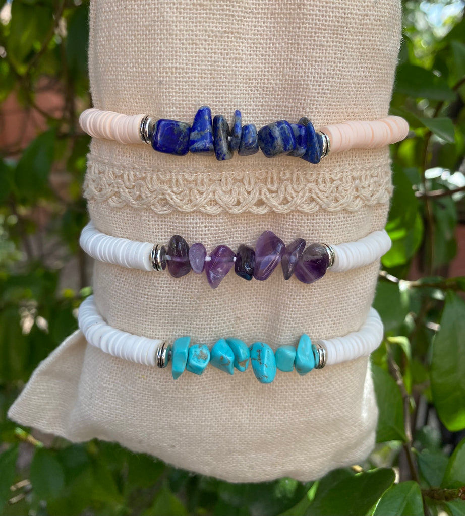 Bracelet élastique en Lapis Lazuli perles Chips naturelles et perles Heishi