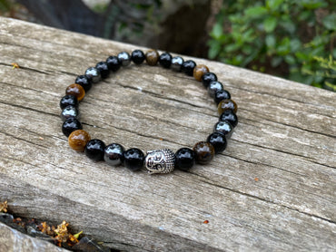 Bracelet bouddha "Triple Protection" Oeil de Tigre, Hématite et Onyx 8mm
