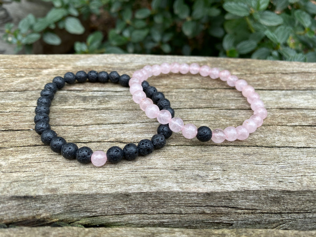 Lot de 2 bracelets de distance / couples - Agate noire et Quartz rose 6 mm
