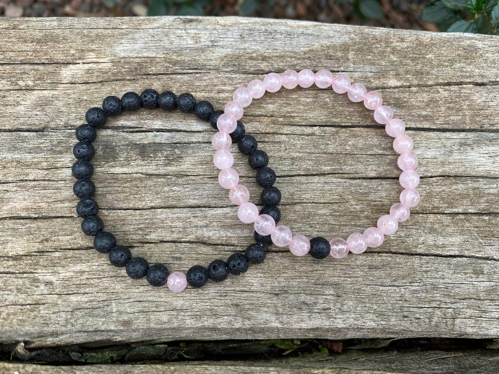 Lot de 2 bracelets de distance / couples - Agate noire et Quartz rose 6 mm
