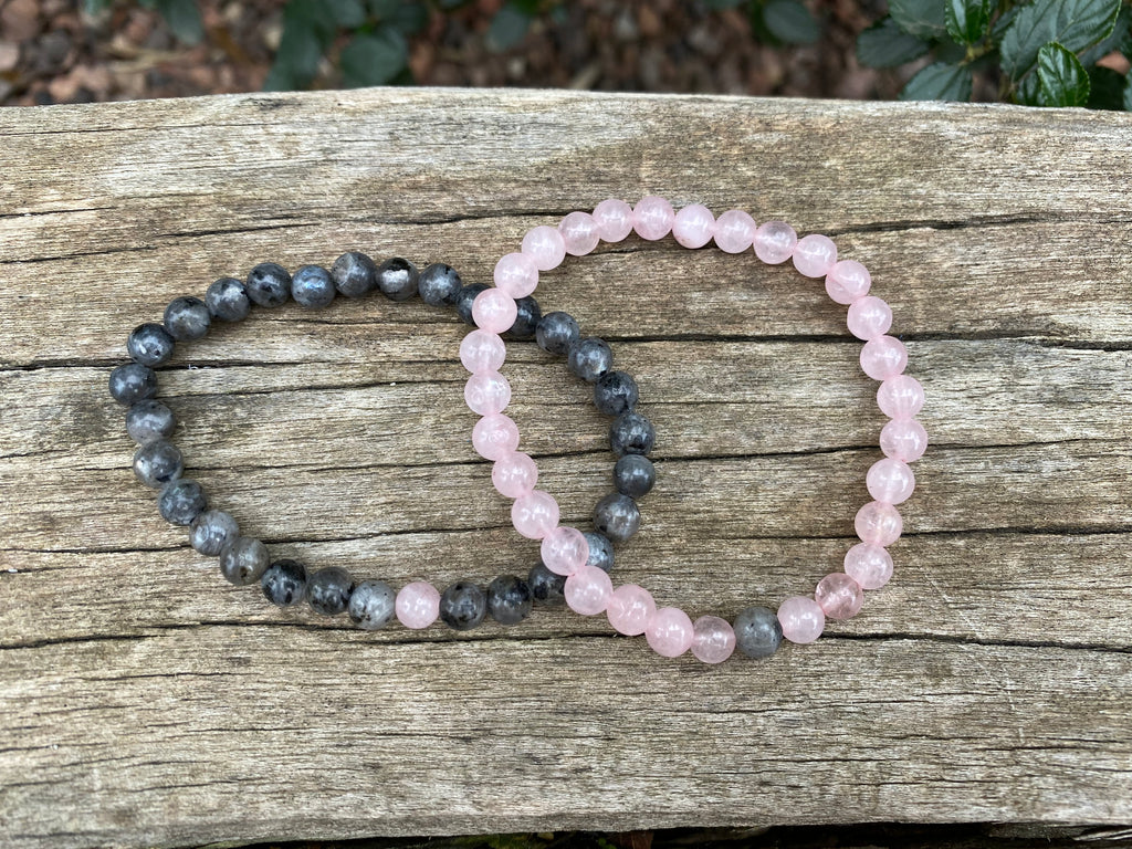 Bracelets élastiques de distance, de couple en Labradorite et Quartz Rose 6 mm