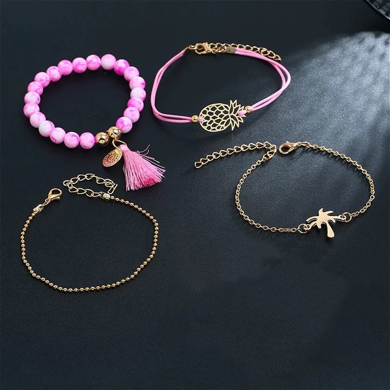 Lot de 4 bracelets rose pâle Glamour Bohème Chic "Amour des Iles"