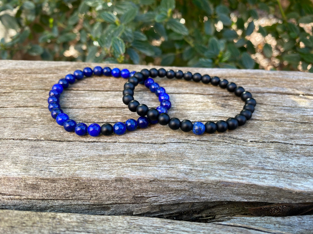 Bracelets de distance / couples - Agate noire et Lapis Lazuli 6 mm