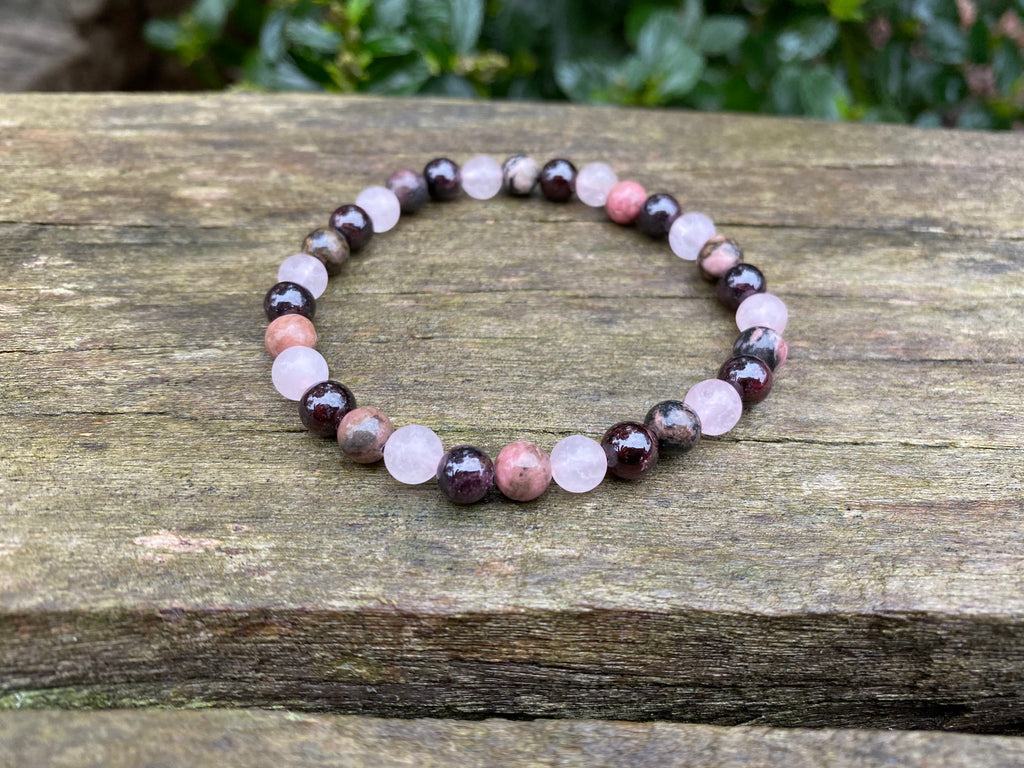 Bracelet Triple protection Grenat, Rhodonite et Quartz Rose 8 mm- Energie et vitalité