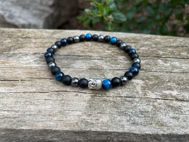 Bracelet bouddha "Triple Protection" Oeil de Tigre turquoise, Hématite et Onyx 6 mm