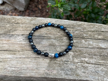 Bracelet bouddha "Triple Protection" Oeil de Tigre turquoise, Hématite et Onyx 6 mm