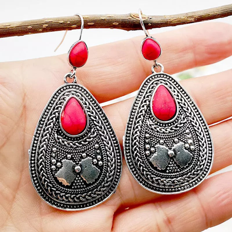 Boucles d'oreilles Indiennes en Jaspe rouge et métal argenté