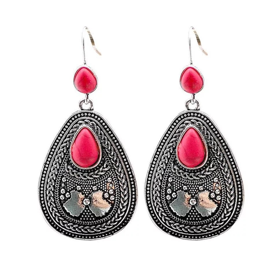 Boucles d'oreilles Indiennes en Jaspe rouge et métal argenté