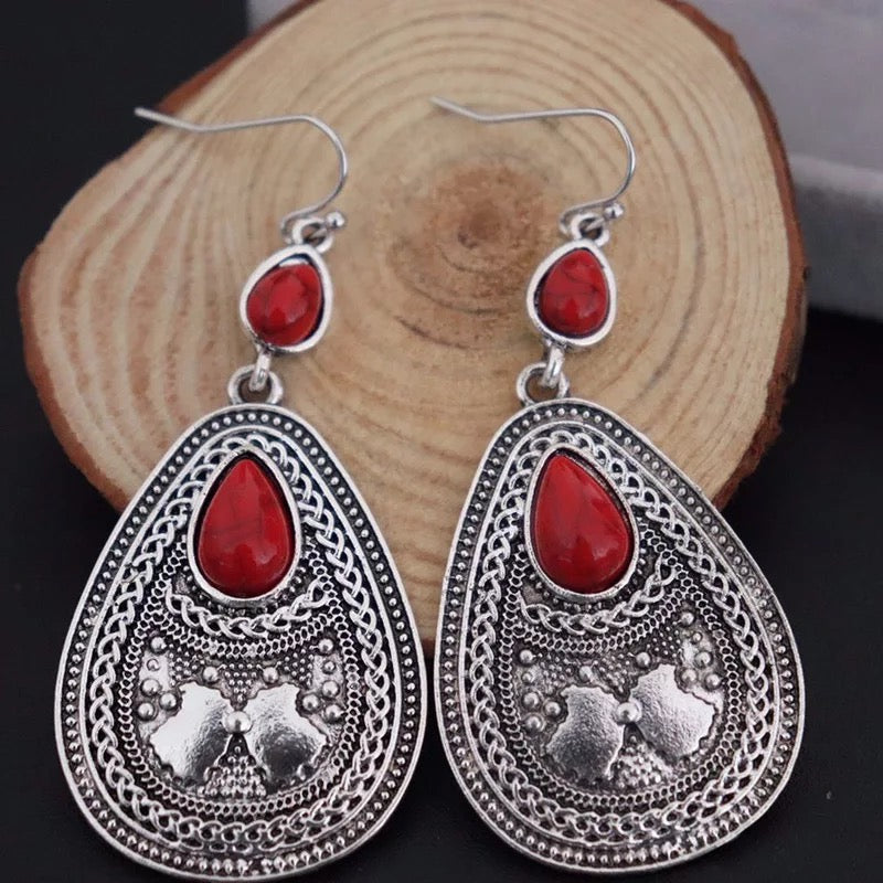 Boucles d'oreilles Indiennes en Jaspe rouge et métal argenté