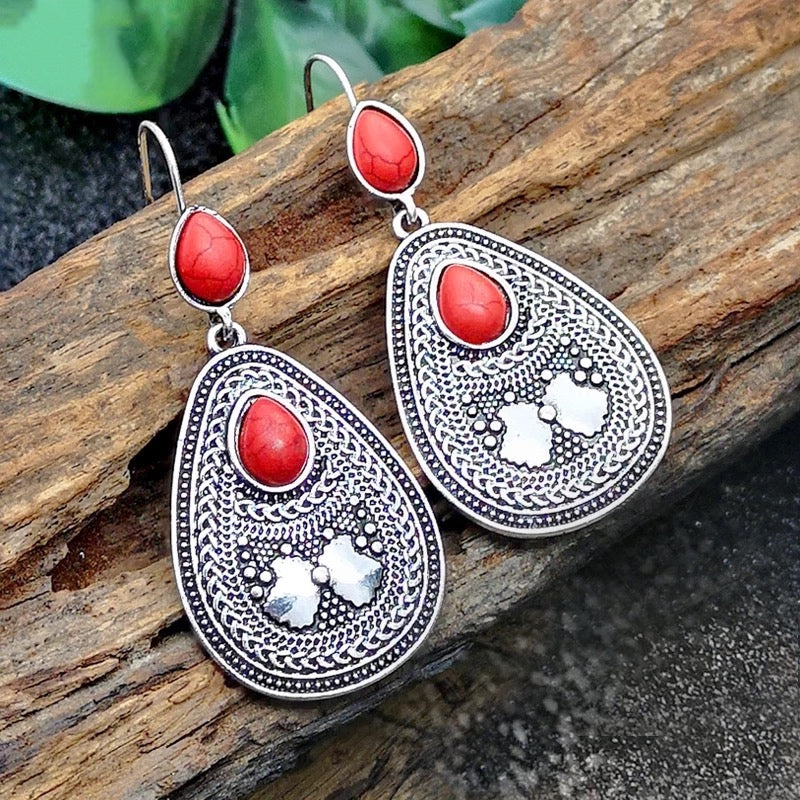 Boucles d'oreilles Indiennes en Jaspe rouge et métal argenté