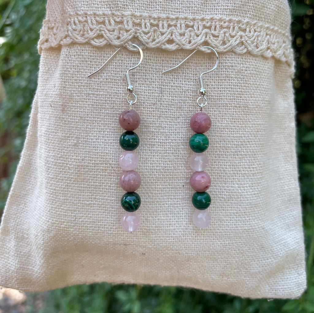 Boucles d'oreilles pendantes "Triple Protection" Malachite, Quartz Rose et Rhodochrosite