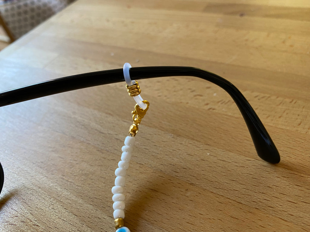 Chaîne cordons à lunettes de soleil, perles blanches et Oeil Turc Naza –  boutique bohème