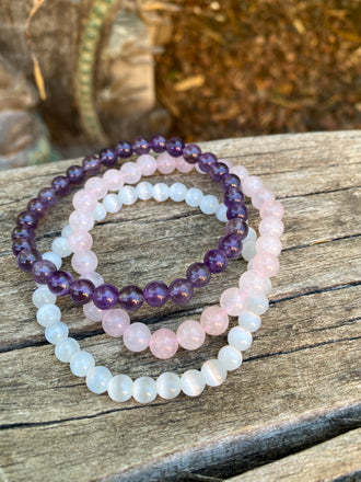 Bracelet "Triple Protection" Pierre de Lune, Quartz rose et Améthyste