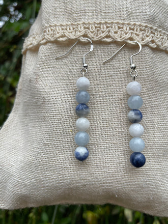 Boucles d'oreilles pendantes "Triple Protection" Pierre de Lune, Sodalite et Aigue Marine