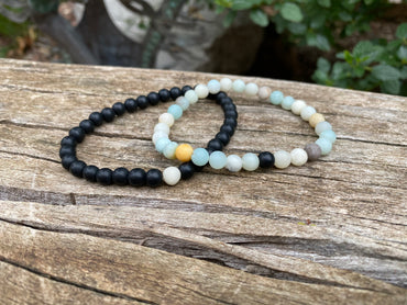 Bracelets de distance / couples - Agate noire et Amazonite 6 mm