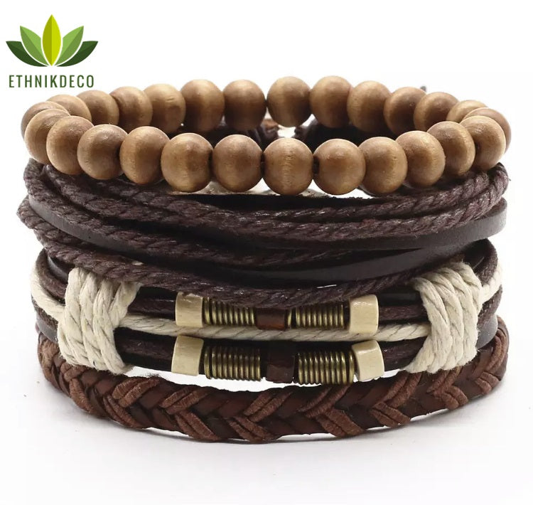 Ensemble de 4 bracelets tendance pour homme en cuir et bois