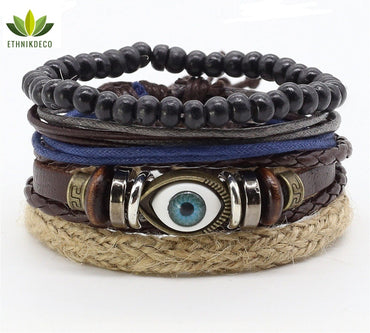 Ensemble de 4 bracelets "Mauvais Oeil" "Evil Eye" pour homme en cuir et bois