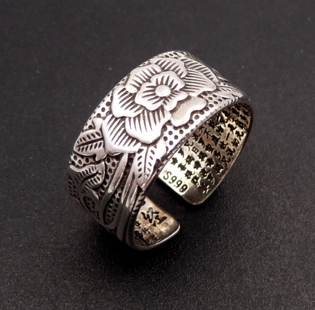 Bague Bouddhiste Tibétaine en argent 999 Fleur de Lotus et Sutra du Coeur