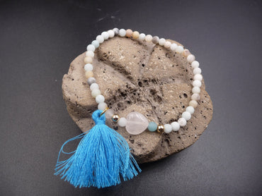 Bracelet Bohème en Amazonite avec coeur en quartz rose et pompon