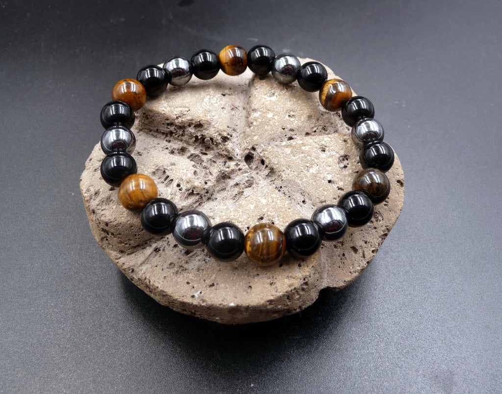 Bracelet "Triple Protection" Oeil de Tigre, Hématite et Onyx 8mm