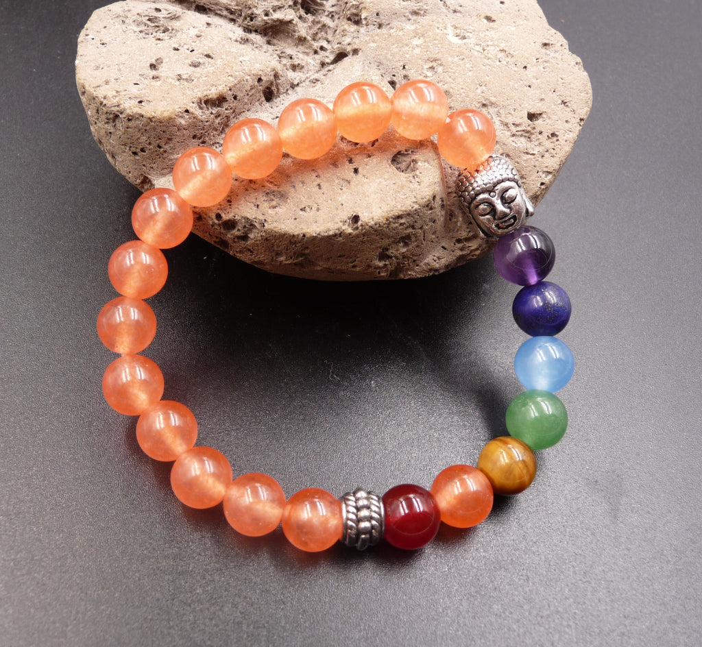 Bracelet Bouddha 7 chakras jade orange et 7 pierres semi-précieuses