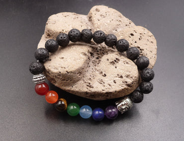 Bracelet Bouddha 7 chakras en pierre de lave et pierres semi-précieuses.