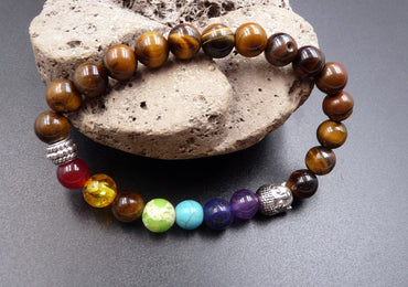 Bracelet Bouddha 7 chakras en oeil de tigre. Pierre de la liberté