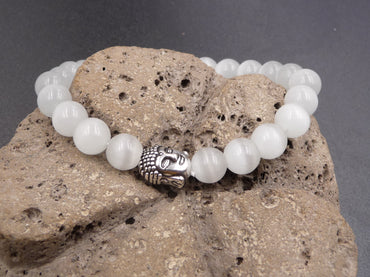 Bracelet en Pierre de Lune et breloque bouddha argentée - Pierre de la féminité 8 mm