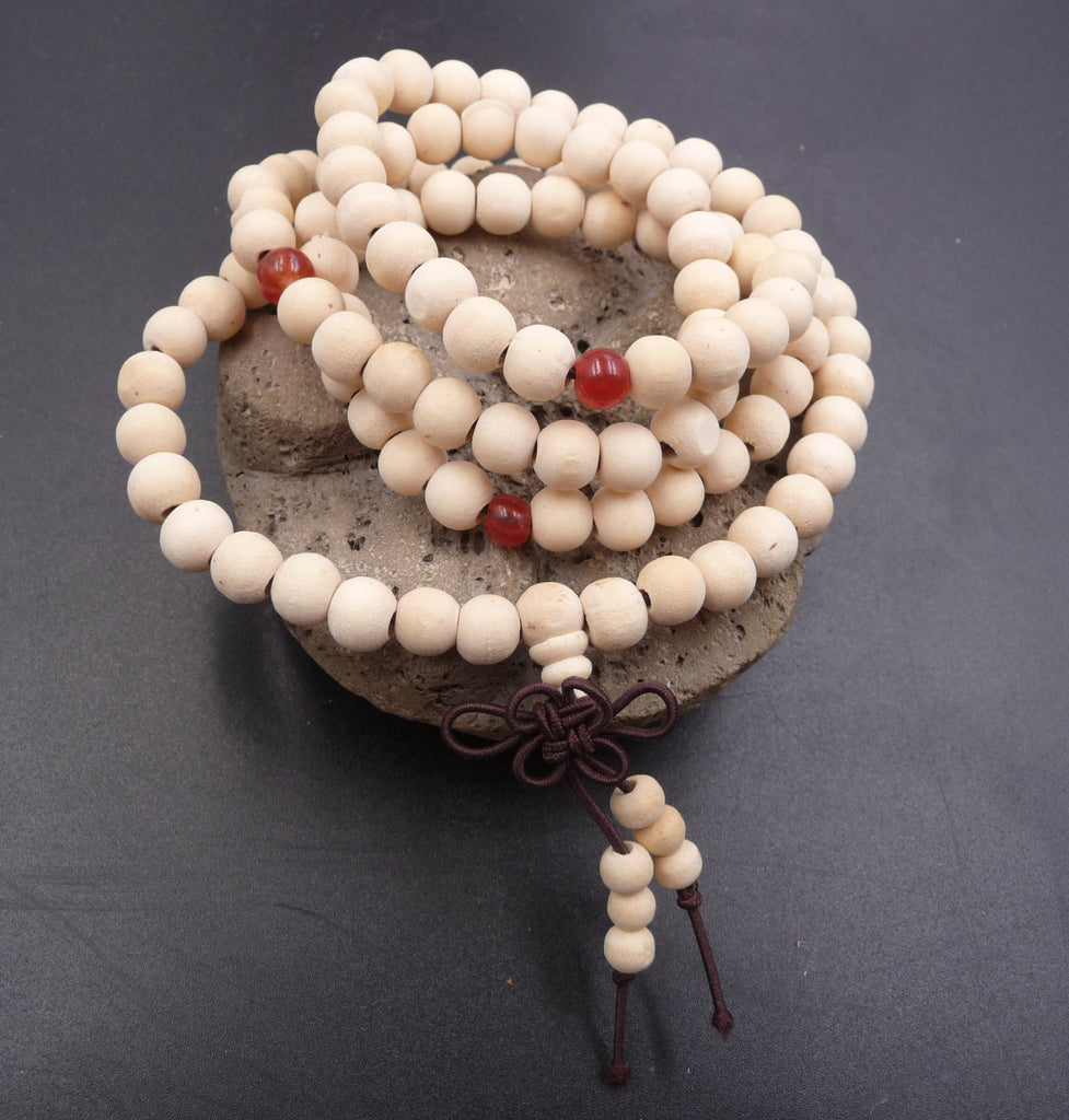 Bracelet ou Collier Tibétain Mala en perles de bois de santal beige - 6 mm