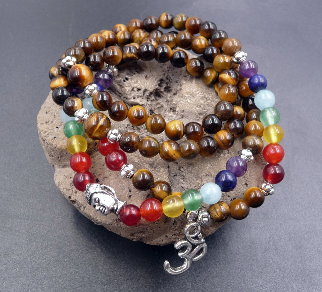 Bracelet multirang 7 chakras - Mala tibétain en oeil de tigre et pierres fines