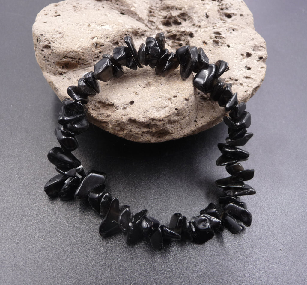 Bracelet chips de pierre en Onyx Agate Noire - Clairvoyance et Protection