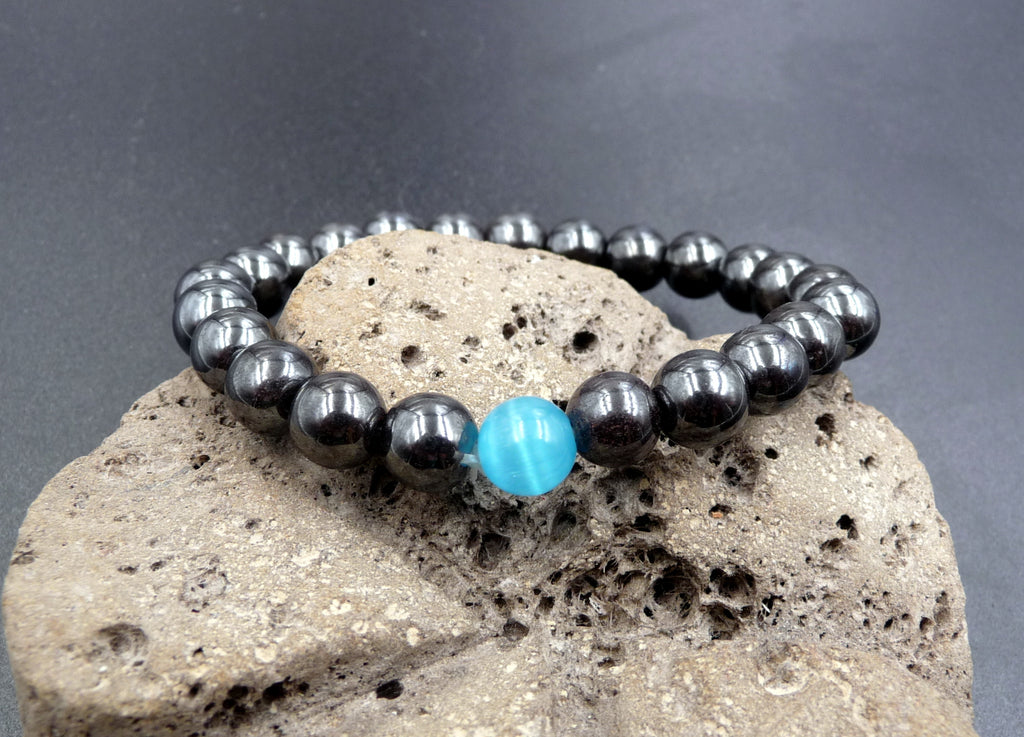 Bracelet Lithothérapie en Hématite + oeil de chat : fortifier et purifier