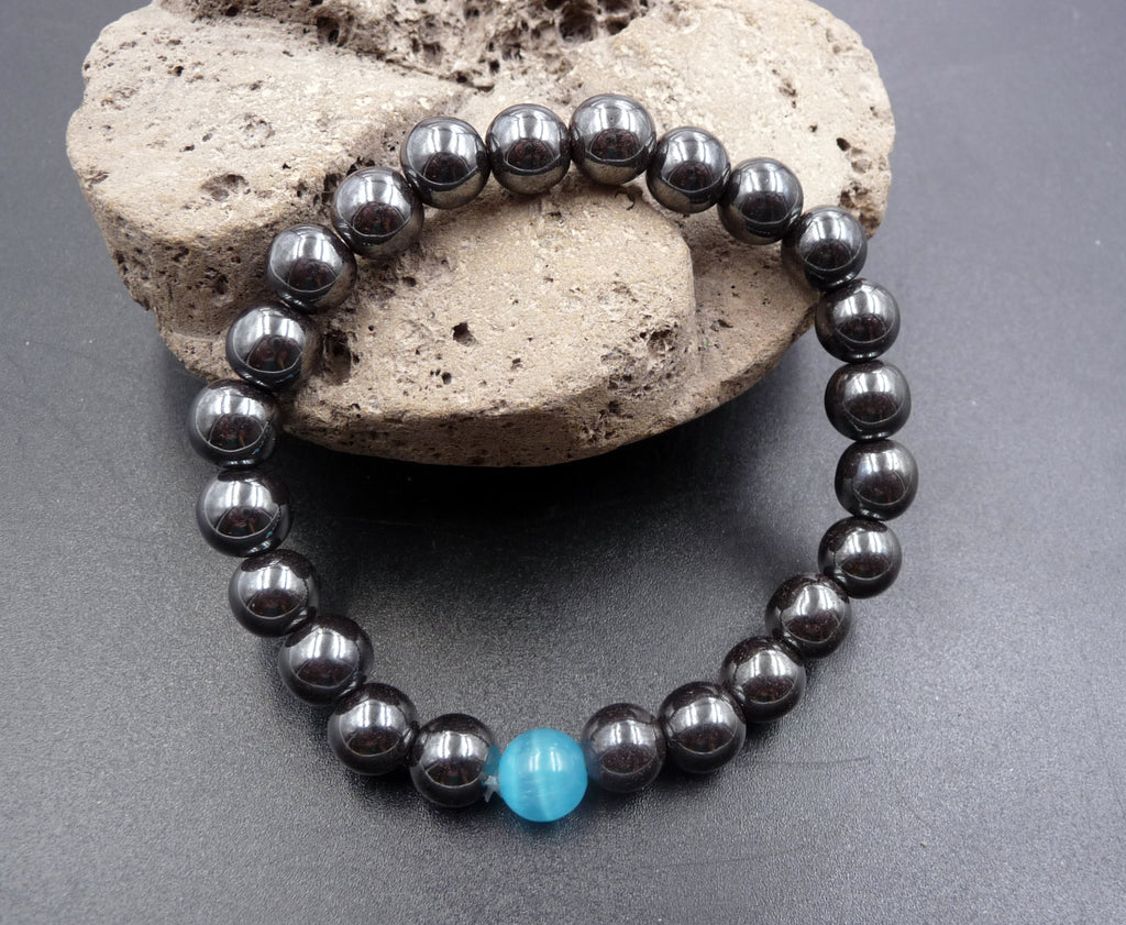 Bracelet Lithothérapie en Hématite + oeil de chat : fortifier et purifier