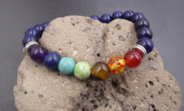 Bracelet 7 chakras en lapis lazuli. Pierre de l'amitié. Bijou Yoga / Méditation