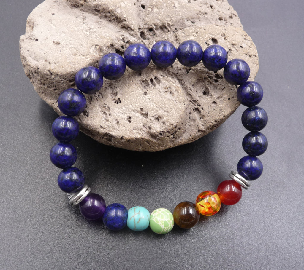 Bracelet 7 chakras en lapis lazuli. Pierre de l'amitié. Bijou Yoga / Méditation