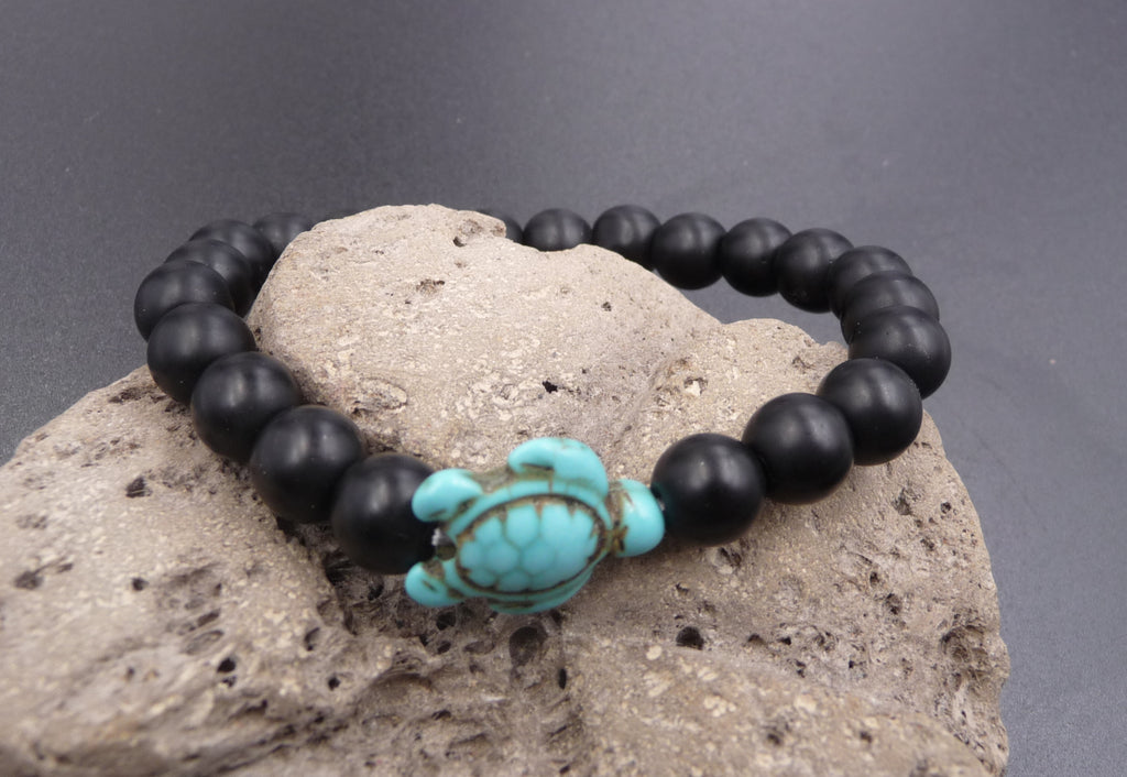 Bracelet en Agate Noire 8 mm + tortue Amérindienne en Howlite Turquoise - Bien-être et harmonie