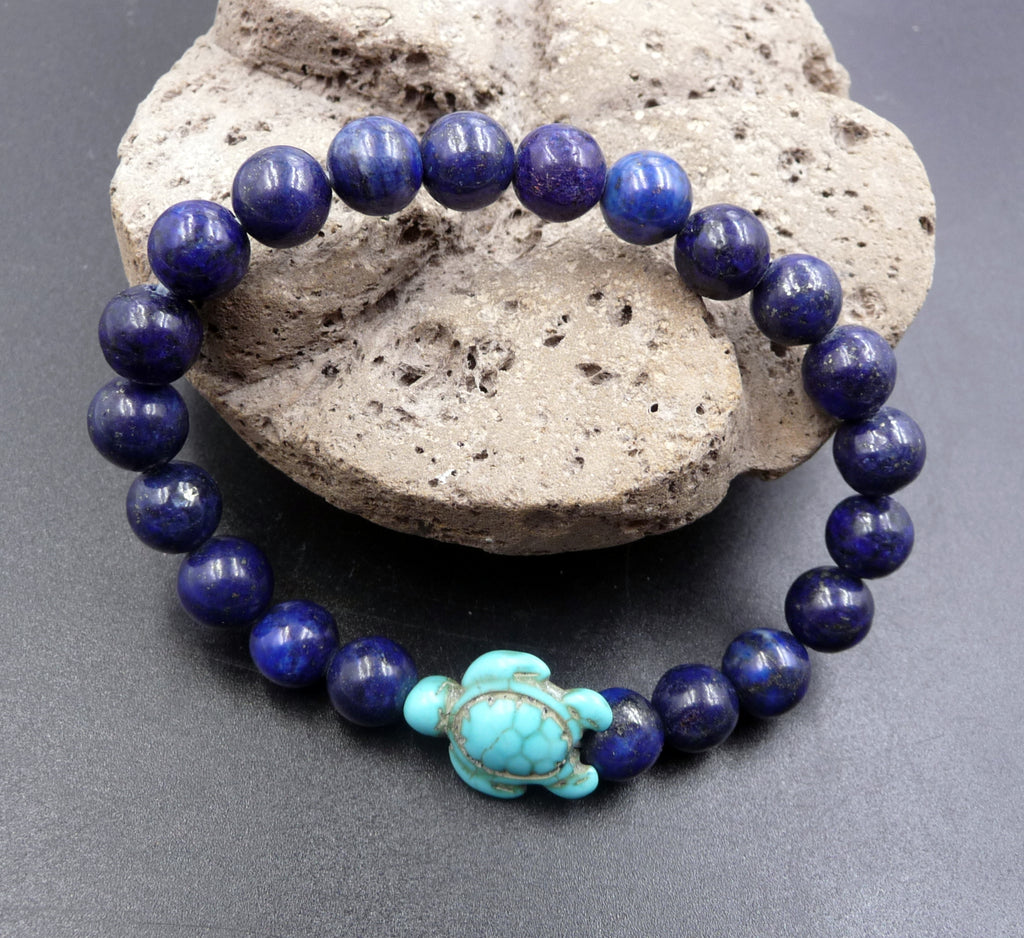 Bracelet en Lapis Lazuli 8 mm + tortue Amérindienne en Howlite Turquoise
