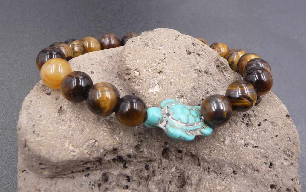 Bracelet en Oeil de Tigre de Madagascar 8 mm + tortue Amérindienne en Howlite Turquoise